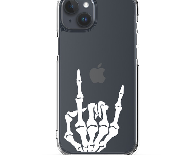 Skeleton Metal Hand iPhone® Case, Sign of the Horns / Rock On Clear Phone Case, All models of iPhone® 12, 13, 14 and 15