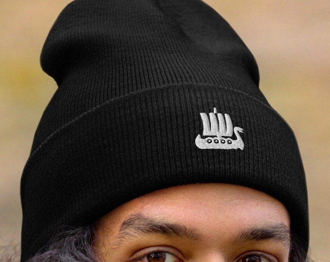 Viking Ship Embroidered Beanie, Vikings Toque, Scandinavian Minimalist Logo Hat, Explorer Spirit Skull Cap