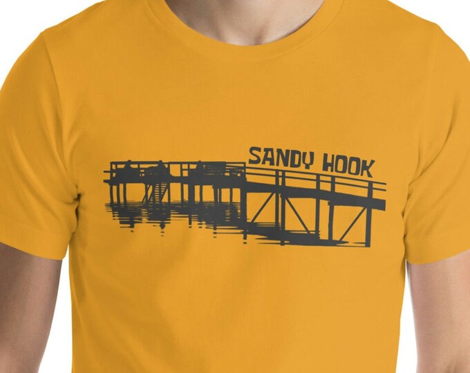 Sandy Hook Pier in Grey T-shirt, Personalized Lake Unisex Tee, Cottage Lake Life Gift, Manitoba Interlake