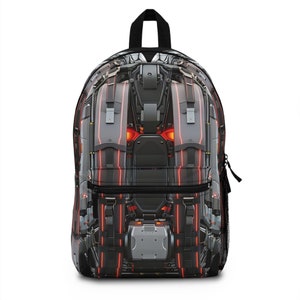 May include: A black backpack with a futuristic design featuring a robot face with red glowing eyes. The backpack has a zipper closure and adjustable straps.
