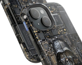 May include: Black phone case featuring a circuit board design and an image of Darth Vader. The case has a camera lens cutout and a black border.