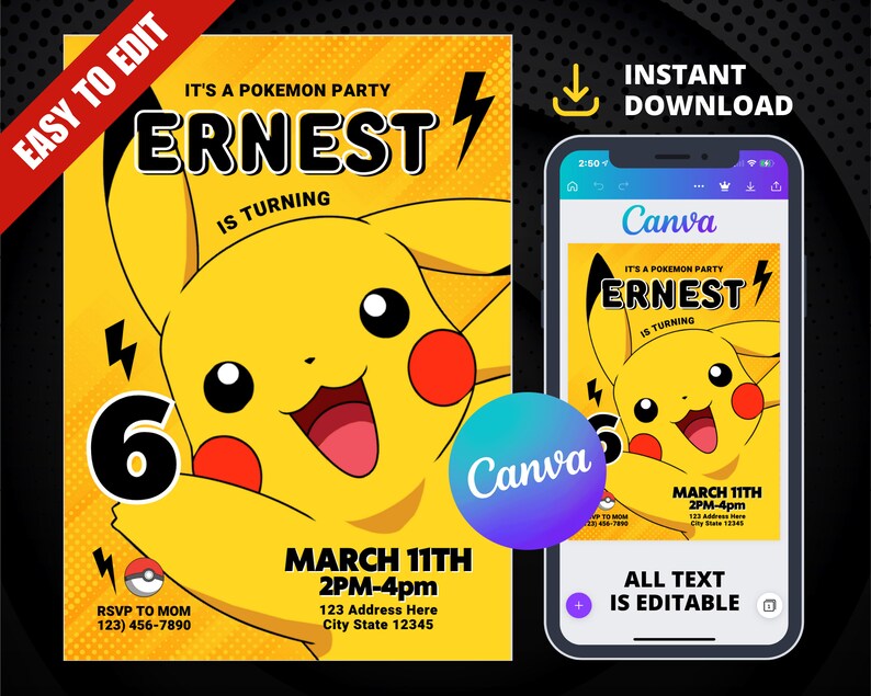 Pikachu Invitations Pikachu Birthday Invitation Pokemon Etsy