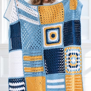 May include: A handmade crochet blanket featuring a patchwork design of various square blocks. The textile displays a colour palette of mustard yellow, navy blue, light blue, and white, with alternating patterns including solid stitches and openwork.