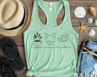 Coffee Corgis Crystals Racerback Tank Top, Coffee Lover Tank, Corgi Tank, Crystal Tank Top, Cute Corgi Aesthetic, Dog Mom Tank Top