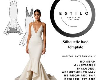 Patrón de costura en PDF para vestido/vestido de sirena con cuello halter alto y bajo / NO incluye instrucciones de costura