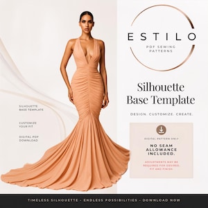 May include: A digital PDF sewing pattern for a floor-length peach-coloured gown with a deep V-neckline and ruched bodice. The text reads ESTILO PDF SEWING PATTERNS, Silhouette Base Template, DESIGN. CUSTOMIZE. CREATE., and NO SEAM ALLOWANCE INCLUDED.