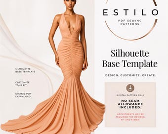 Meerjungfrauenkleid mit Neckholder und Falten vorne / Schlitz vorne – PDF-Schnittmuster | Keine Nähanleitung enthalten
