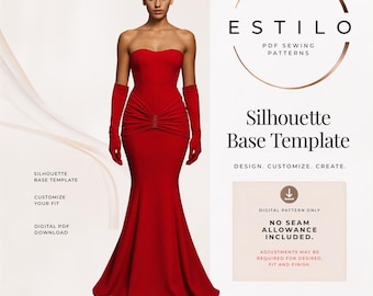 Strapless Structure Top with Front Scrunch Detail & Cocktail Gloves Mermaid Gown/Dress PDF Sewing Pattern | NO sewing instructions included