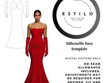 Patrón de costura en PDF para vestido de sirena con top de estructura sin tirantes, detalle fruncido en la parte delantera y guantes de cóctel / NO incluye instrucciones de costura