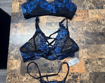 Three piece lingerie set two bras and a G strain blue/ black color hand made