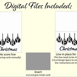 May include: Digital files for Christmas card designs. The design includes the word "MERRY" spelled out in ornaments, with the word "Christmas" below. The image also includes instructions for scoring and inserting the card.