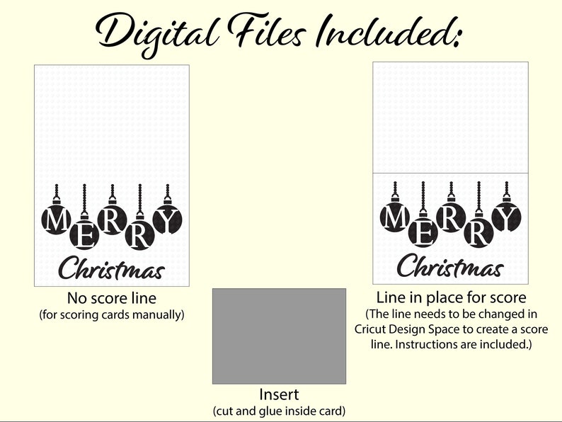 May include: Digital files for Christmas card designs. The design includes the word "MERRY" spelled out in ornaments, with the word "Christmas" below. The image also includes instructions for scoring and inserting the card.