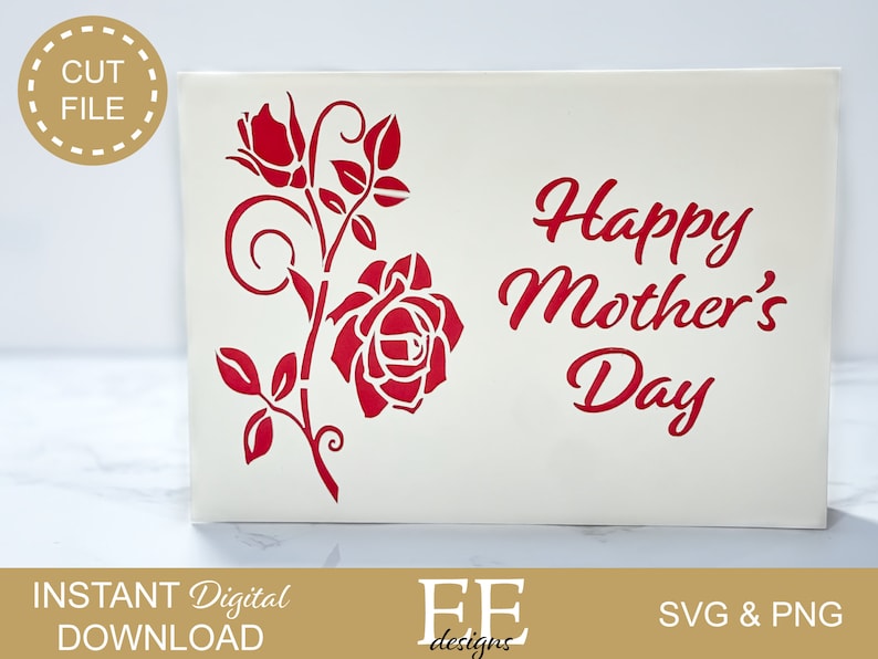 May include: A white card with a red rose and vine design and the text "Happy Mother's Day".