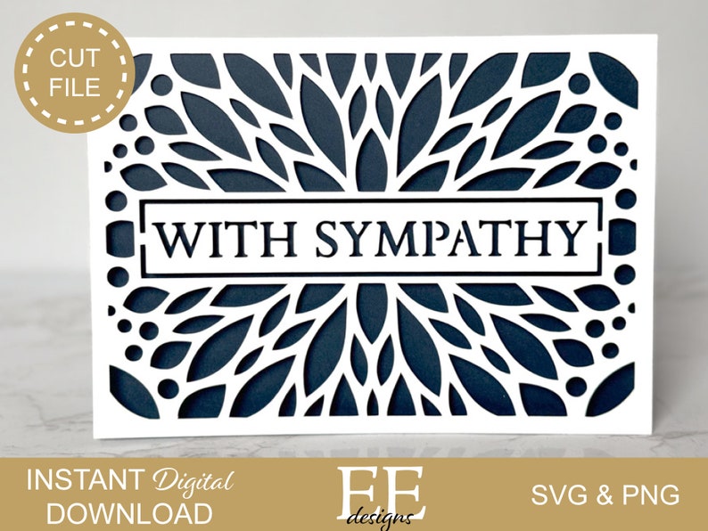 May include: White card with a blue floral design and the text "WITH SYMPATHY" in a black rectangle. The card is for cutting and can be used for crafting.