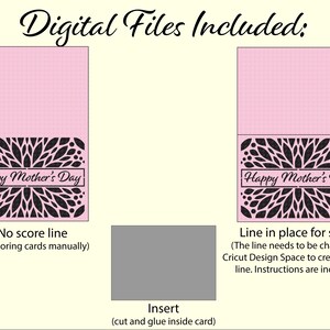 May include: Two digital files for a Mother's Day card. The first file is a pink card with a black floral design and the text "Happy Mother's Day". The second file is a grey insert with the text "Insert (cut and glue inside card)".