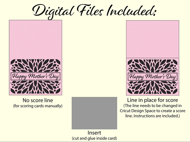 May include: Two digital files for a Mother's Day card. The first file is a pink card with a black floral design and the text "Happy Mother's Day". The second file is a grey insert with the text "Insert (cut and glue inside card)".