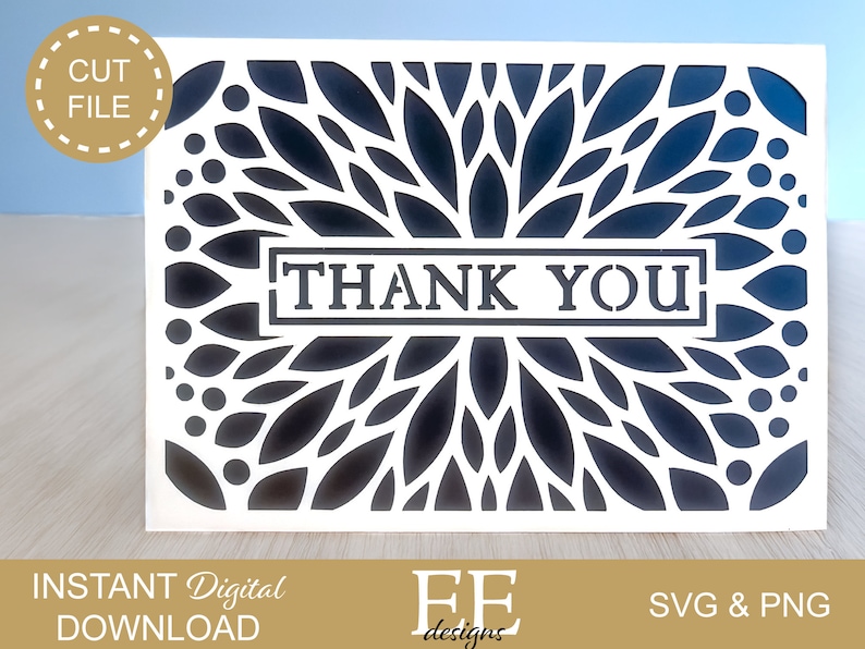 Puede incluir: Una tarjeta blanca con un dise&ntilde;o floral negro y las palabras "THANK YOU" en un rect&aacute;ngulo negro. La tarjeta es para cortar y manualidades.