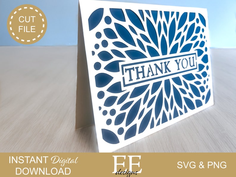 Puede incluir: Una tarjeta blanca con un dise&ntilde;o floral azul y el texto "THANK YOU" en un rect&aacute;ngulo negro. La tarjeta est&aacute; recortada para crear un efecto 3D.