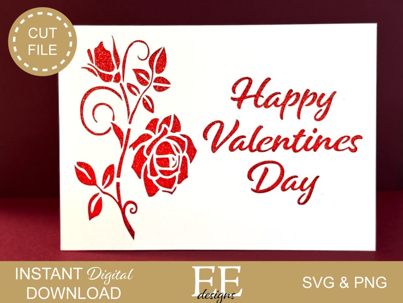 May include: A white card with red glitter lettering that says "Happy Valentines Day". A red glitter rose with a stem and leaves is on the left side of the card.