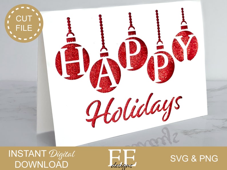 May include: A white card with red glitter ornaments spelling out "Happy Holidays".