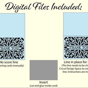 Puede incluir: Dos archivos digitales para una tarjeta de agradecimiento. El primer archivo tiene un dise&ntilde;o floral en blanco y negro con el texto "Gracias" en un rect&aacute;ngulo. El segundo archivo tiene el mismo dise&ntilde;o con una l&iacute;nea de puntuaci&oacute;n en su lugar para doblar.