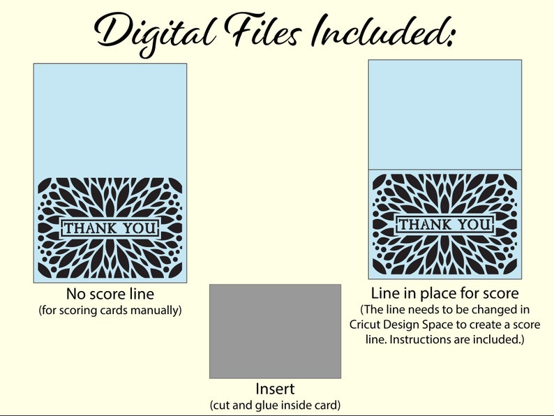 Puede incluir: Dos archivos digitales para una tarjeta de agradecimiento. El primer archivo tiene un dise&ntilde;o floral en blanco y negro con el texto "Gracias" en un rect&aacute;ngulo. El segundo archivo tiene el mismo dise&ntilde;o con una l&iacute;nea de puntuaci&oacute;n en su lugar para doblar.