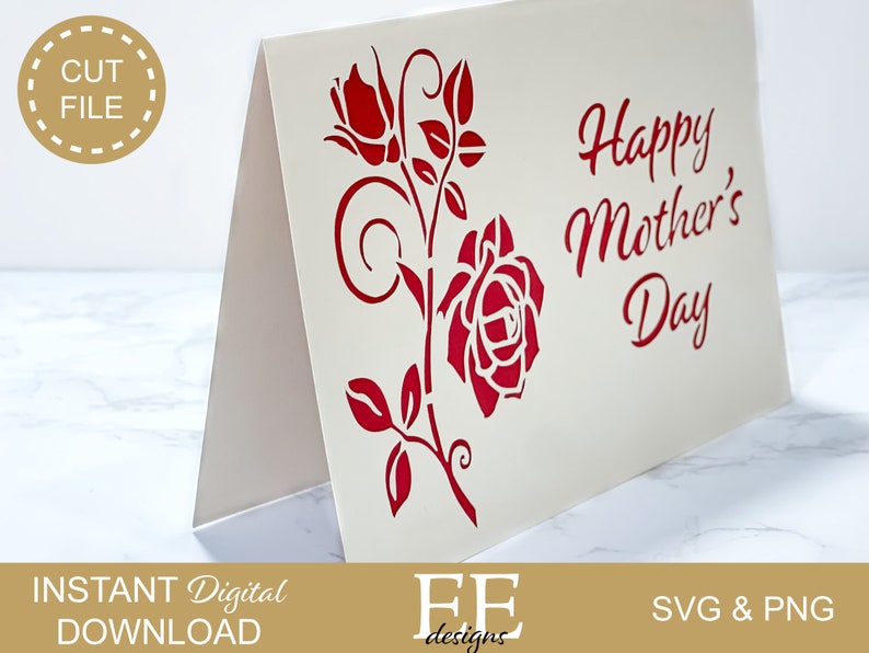 May include: A white card with a red rose and leaves design. The text "Happy Mother's Day" is written in red.
