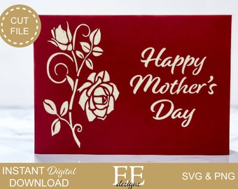 May include: A red Mother's Day card with a floral design and the words "Happy Mother's Day" in a decorative font. The card features a cut-out rose design and is available as an instant digital download.