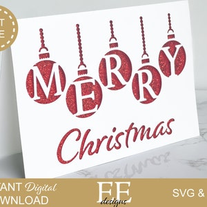 May include: A white Christmas card with the words "MERRY Christmas" in red glitter. The word "MERRY" is displayed within red glitter Christmas ornament shapes. The card is a digital download.