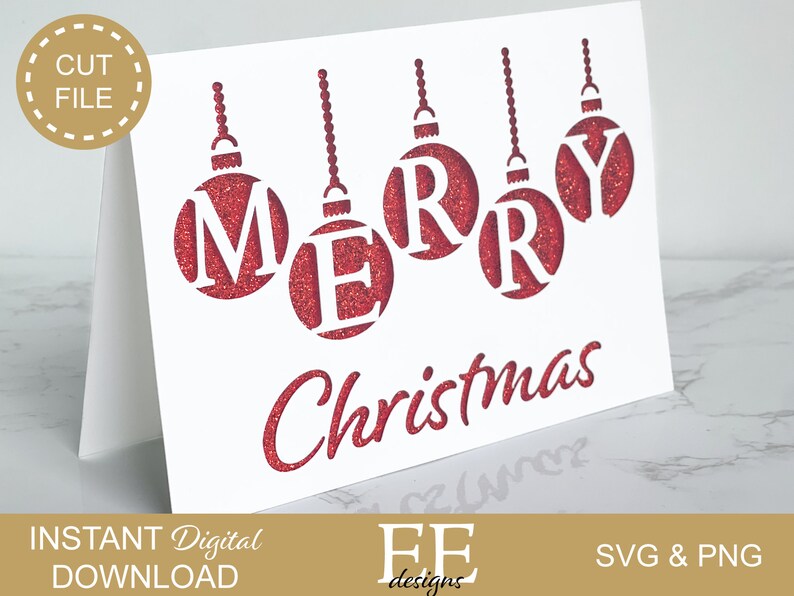 May include: A white Christmas card with the words "MERRY Christmas" in red glitter. The word "MERRY" is displayed within red glitter Christmas ornament shapes. The card is a digital download.