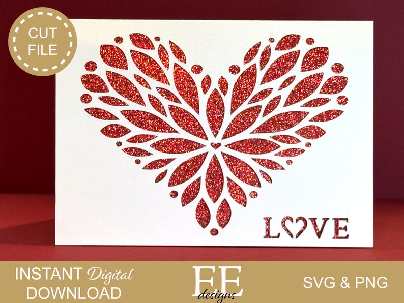 May include: A white card with a red glitter heart design and the word "LOVE" in red lettering. The heart is made up of many small leaves.