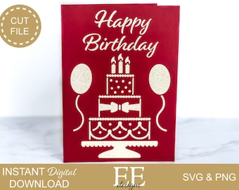 DIY Birthday Card SVG: Cake & Balloons Paper Cut File (Digital Download)
