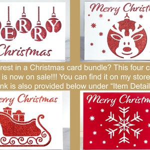 May include: Four Christmas cards with red glitter designs. One card has the words "Merry Christmas" and hanging ornaments. Another features a reindeer in an ornament. The third shows a sleigh with gifts, and the last has a snowflake.