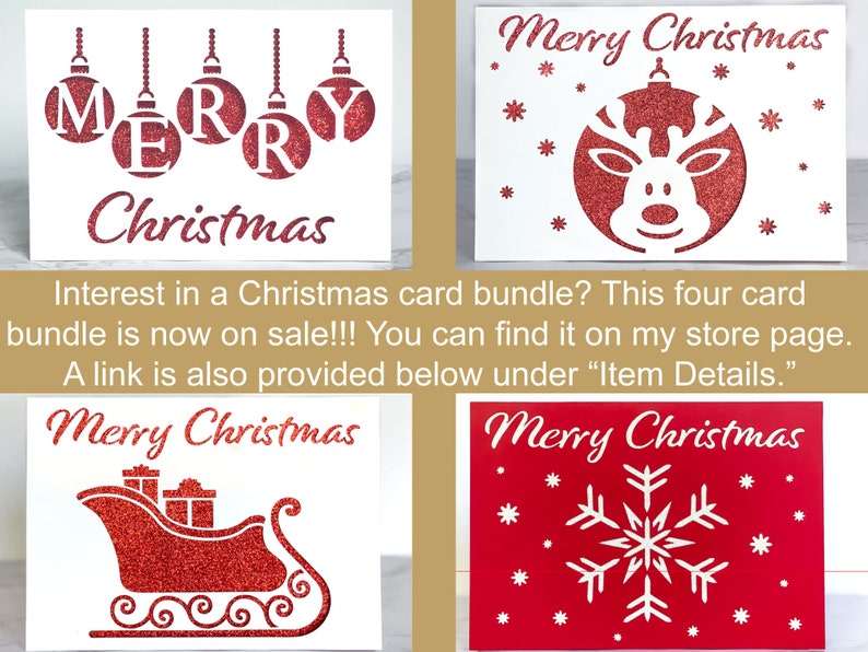 May include: Four Christmas cards with red glitter designs. One card has the words "Merry Christmas" and hanging ornaments. Another features a reindeer in an ornament. The third shows a sleigh with gifts, and the last has a snowflake.
