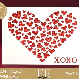 May include: A white card with a red glitter heart made of smaller hearts. The text "XOXO" is at the bottom of the card.