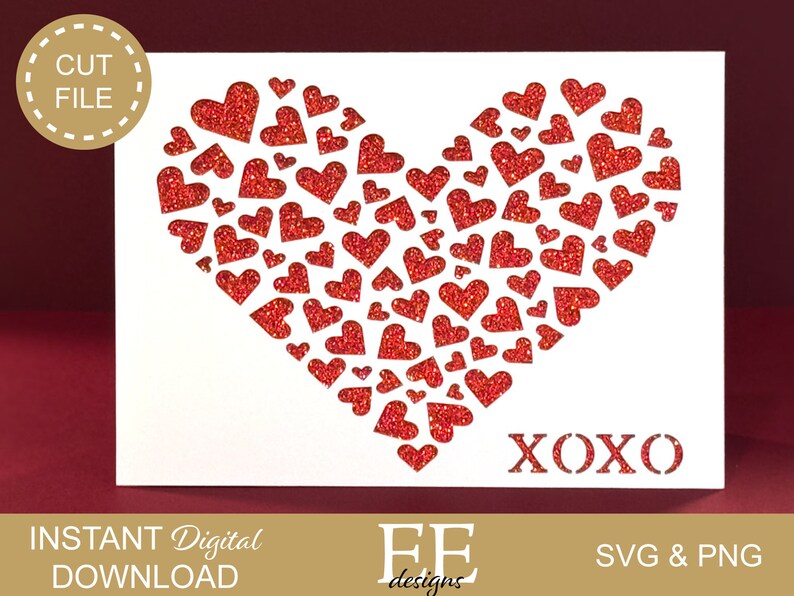 May include: A white card with a red glitter heart made of smaller hearts. The text "XOXO" is at the bottom of the card.