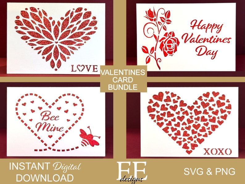May include: A set of four Valentine's Day card designs featuring red glitter hearts, a rose, and the text "Happy Valentines Day", "Bee Mine", "LOVE", and "XOXO".