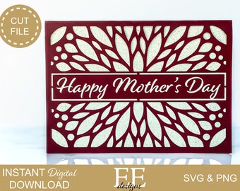 May include: Red card with a white floral design and the text "Happy Mother's Day" in a white banner.