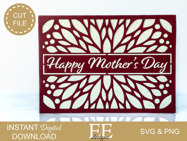 May include: Red card with a white floral design and the text "Happy Mother's Day" in a white banner.
