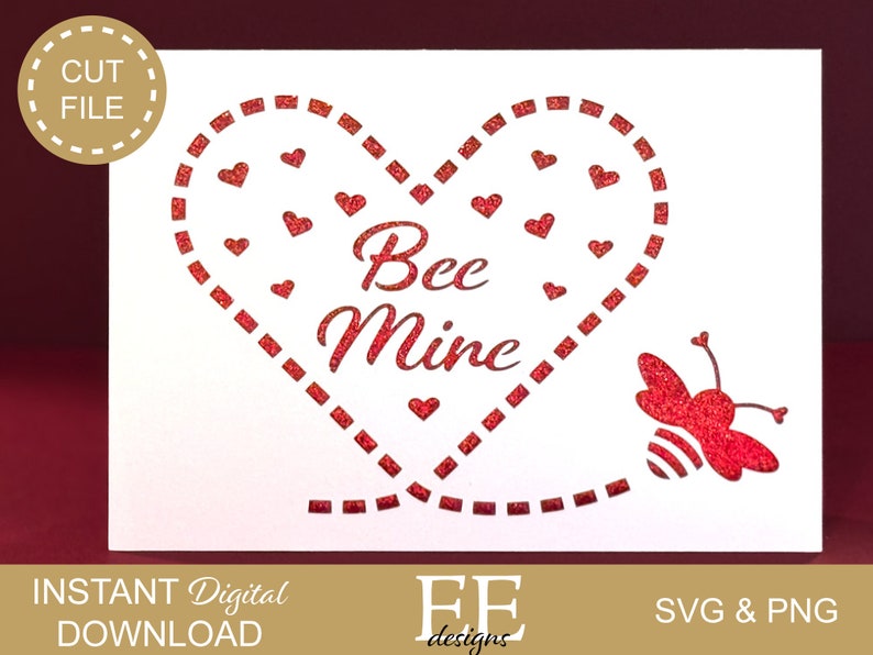 May include: A white card with a red glitter heart that says "Bee Mine" and a red glitter bee. The heart is outlined with a red dashed line and has small red hearts inside.