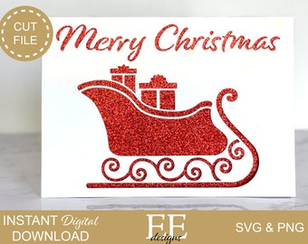 May include: A white card with red glitter text that reads "Merry Christmas." A red glitter sleigh with two gift boxes is featured below the text. The words "CUT FILE" and "INSTANT DIGITAL DOWNLOAD" are also present.