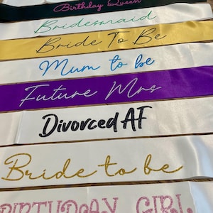 Custom White/Black/Gold/Purple Satin Sash with Glitter Font