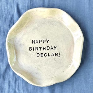 Handmade Ceramic Plate Custom Message Birthday Dish Personalized Dessert Painted Keepsake Gift Idea Unique Design Wavy Edge Studio Pottery