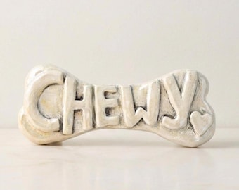 Personalized Dog Bone Sculpture Gift Custom Pet Memorial Keepsake Rustic Finish Weathered Stoneware Textured Art Cream Colored Ceramic