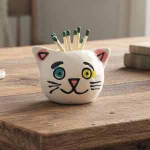 Ceramic Cat Striker Match Holder Handmade Pottery Studio Art Functional Design Unique Gift Housewarming Idea Smoker Accessory Fireplace