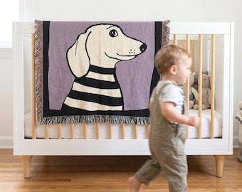 Custom Dog Blanket Cotton Fringe Teal Owner Gift Personalized Pet Throw Woven Portrait Tapestry Corgi Photo Keepsake Memorial Animal Tribute