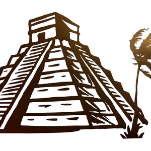 May include: A dark brown graphic illustration of a stepped pyramid structure with a flat top, featuring a series of horizontal levels and a staircase on the front face, positioned next to a single palm tree with wind-swept fronds.