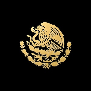 May include: A gold-coloured emblem of the Mexican coat of arms, featuring an eagle with a snake in its beak, perched on a cactus. The emblem is surrounded by a wreath and set against a solid black background.