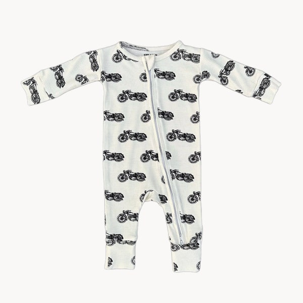 Motorcycle Baby Romper Bamboo Waffle Pj's Sleepwear - Gender Neutral - Eco Friendly - Born to Ride - Vintage Inspired