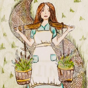 May include: Watercolor illustration of a person carrying two wooden buckets filled with plants. The person wears a light blue dress and a white apron. The background features a textured path and greenery.
